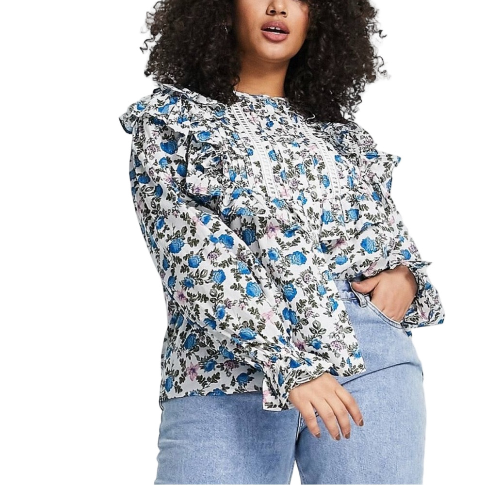 🛼River Island Blue and White Floral ruffle Blouse size 22 NWT women’s